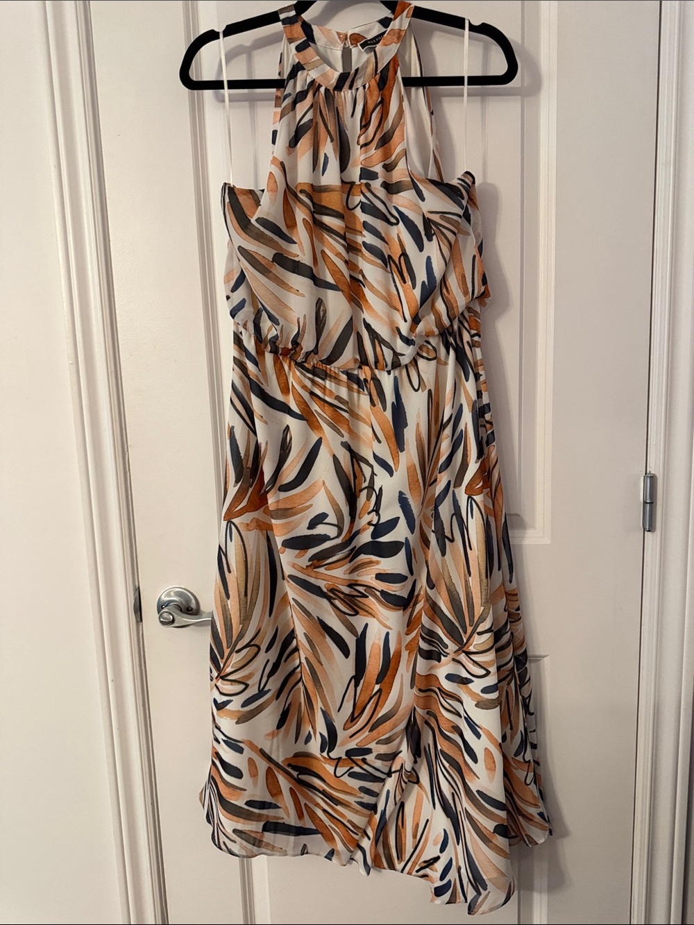 Sleeveless Halter Midi Dress in Cream with Tan & Navy Leaf Print - Picture 2 of 5